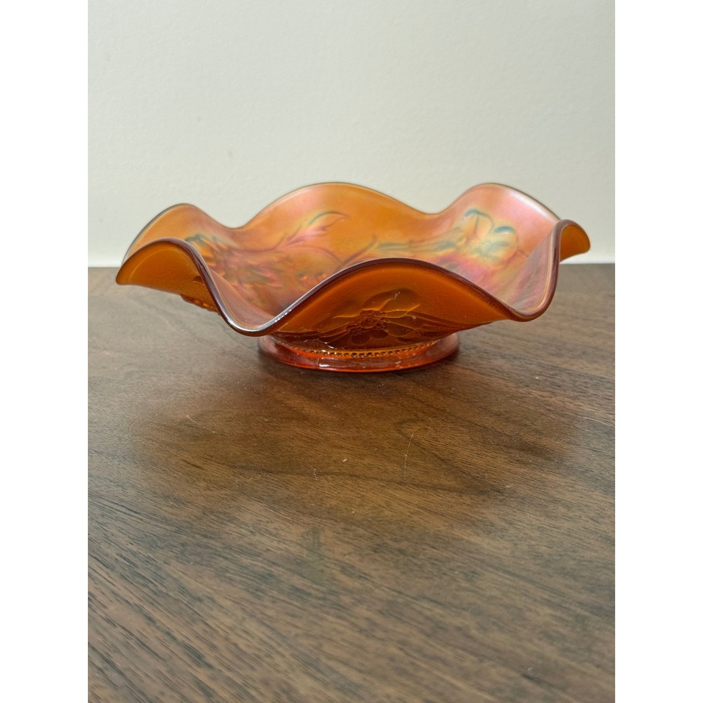 Vintage Marigold Carnival Glass Ruffled Floral Bowl Iridescent Orange 7.25 Inch
